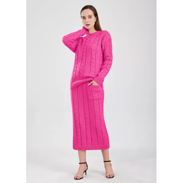 chouyatou Women Winter Casual Chunky Cable Knit Long Pencil Skirt 2 Piece Outfit Oversized Pullover Sweater SetsRose