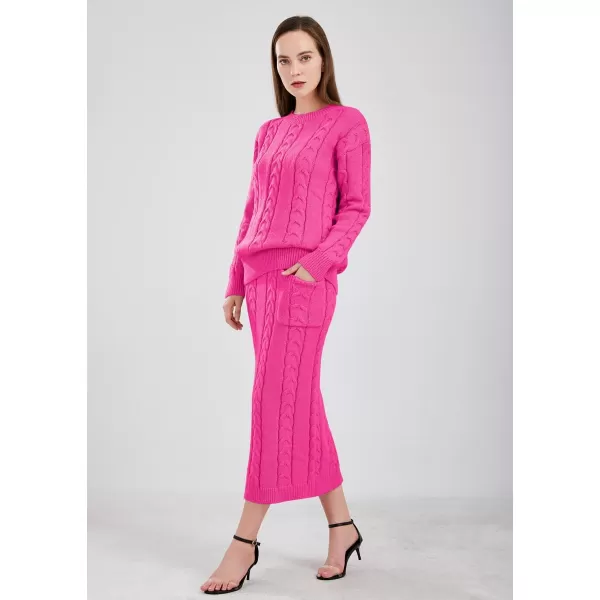 chouyatou Women Winter Casual Chunky Cable Knit Long Pencil Skirt 2 Piece Outfit Oversized Pullover Sweater SetsRose