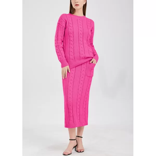 chouyatou Women Winter Casual Chunky Cable Knit Long Pencil Skirt 2 Piece Outfit Oversized Pullover Sweater SetsRose