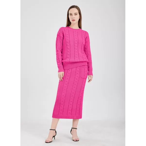 chouyatou Women Winter Casual Chunky Cable Knit Long Pencil Skirt 2 Piece Outfit Oversized Pullover Sweater SetsRose