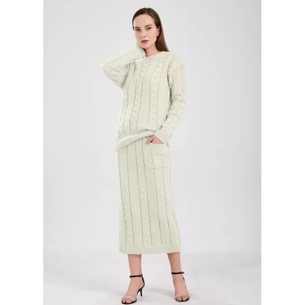 chouyatou Women Winter Casual Chunky Cable Knit Long Pencil Skirt 2 Piece Outfit Oversized Pullover Sweater SetsWhite