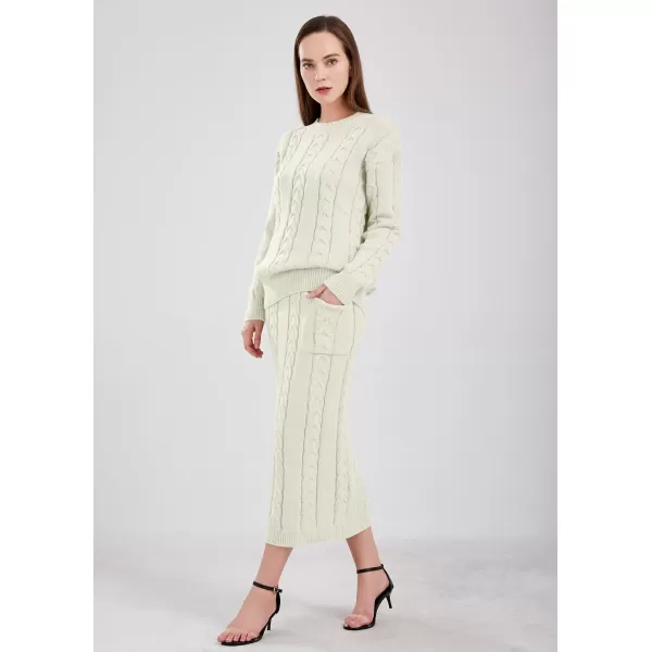 chouyatou Women Winter Casual Chunky Cable Knit Long Pencil Skirt 2 Piece Outfit Oversized Pullover Sweater SetsWhite