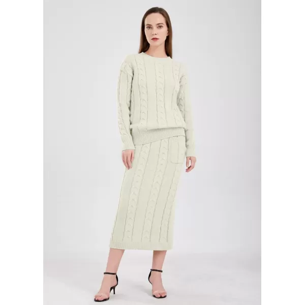 chouyatou Women Winter Casual Chunky Cable Knit Long Pencil Skirt 2 Piece Outfit Oversized Pullover Sweater SetsWhite