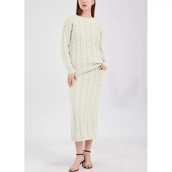 chouyatou Women Winter Casual Chunky Cable Knit Long Pencil Skirt 2 Piece Outfit Oversized Pullover Sweater SetsWhite