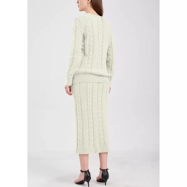 chouyatou Women Winter Casual Chunky Cable Knit Long Pencil Skirt 2 Piece Outfit Oversized Pullover Sweater SetsWhite