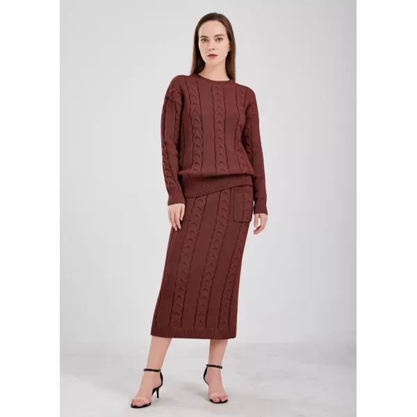 chouyatou Women Winter Casual Chunky Cable Knit Long Pencil Skirt 2 Piece Outfit Oversized Pullover Sweater SetsWine Red