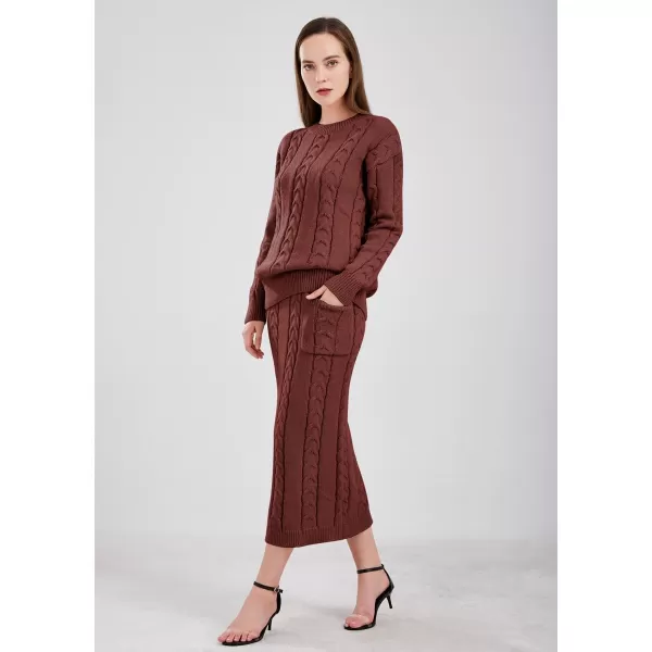 chouyatou Women Winter Casual Chunky Cable Knit Long Pencil Skirt 2 Piece Outfit Oversized Pullover Sweater SetsWine Red