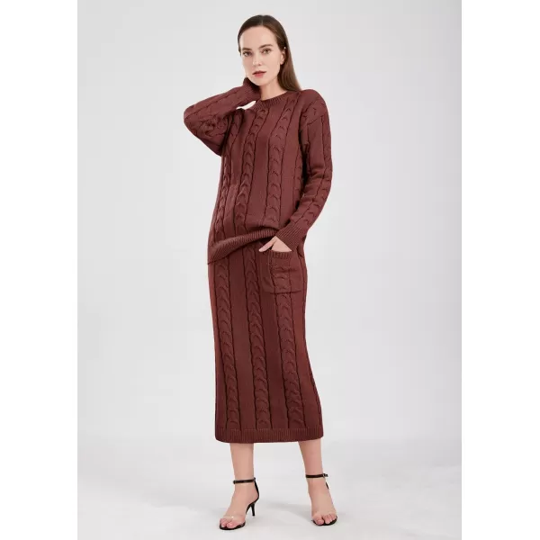 chouyatou Women Winter Casual Chunky Cable Knit Long Pencil Skirt 2 Piece Outfit Oversized Pullover Sweater SetsWine Red