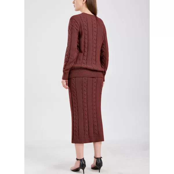 chouyatou Women Winter Casual Chunky Cable Knit Long Pencil Skirt 2 Piece Outfit Oversized Pullover Sweater SetsWine Red