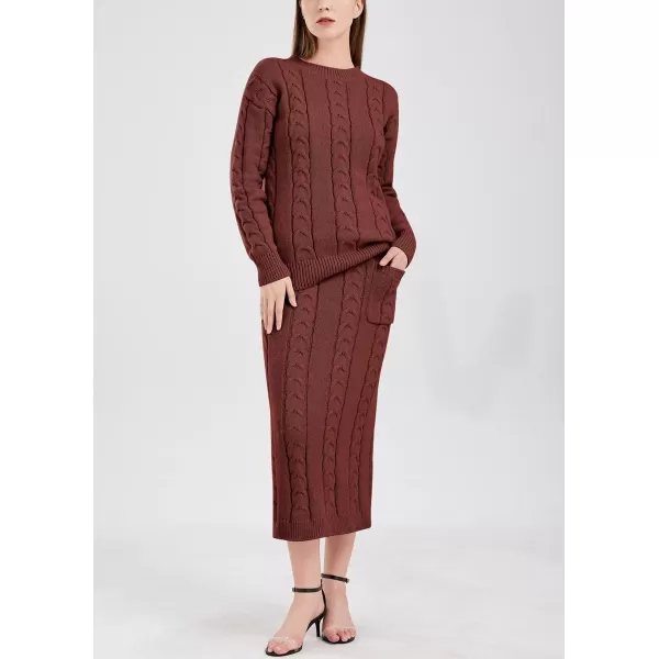 chouyatou Women Winter Casual Chunky Cable Knit Long Pencil Skirt 2 Piece Outfit Oversized Pullover Sweater SetsWine Red