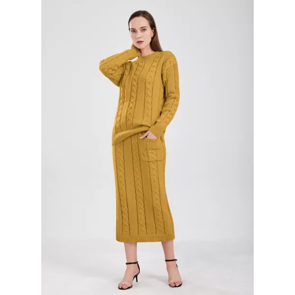 chouyatou Women Winter Casual Chunky Cable Knit Long Pencil Skirt 2 Piece Outfit Oversized Pullover Sweater SetsYellow