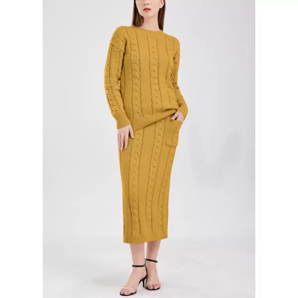 chouyatou Women Winter Casual Chunky Cable Knit Long Pencil Skirt 2 Piece Outfit Oversized Pullover Sweater SetsYellow