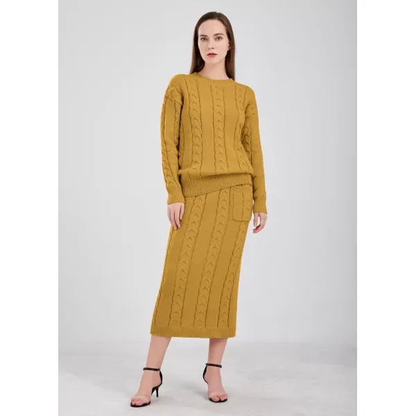 chouyatou Women Winter Casual Chunky Cable Knit Long Pencil Skirt 2 Piece Outfit Oversized Pullover Sweater SetsYellow