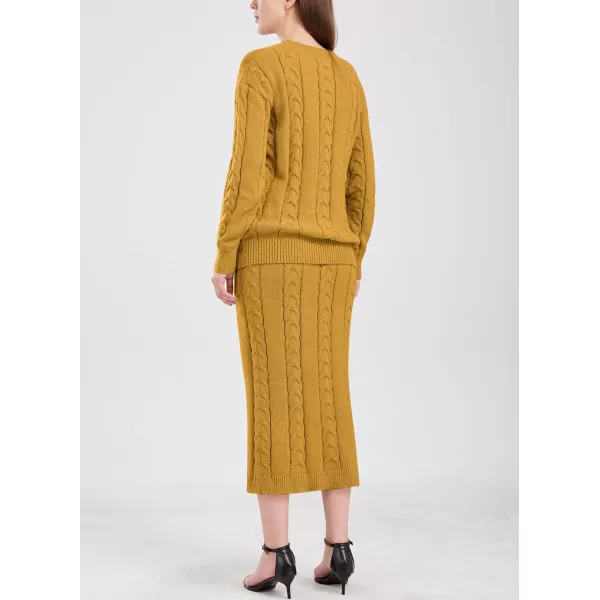 chouyatou Women Winter Casual Chunky Cable Knit Long Pencil Skirt 2 Piece Outfit Oversized Pullover Sweater SetsYellow