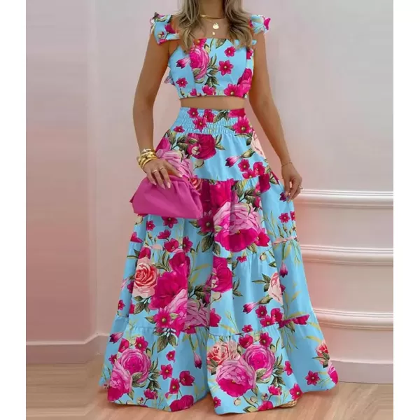 chouyatou Womens 2 Piece Outfits Spaghetti Strap Crop Top and Smocked Waist Ruffle Swing Long Skirt SetFloral Blue