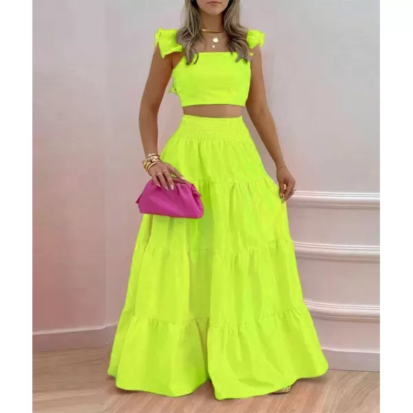 chouyatou Womens 2 Piece Outfits Spaghetti Strap Crop Top and Smocked Waist Ruffle Swing Long Skirt SetGreen