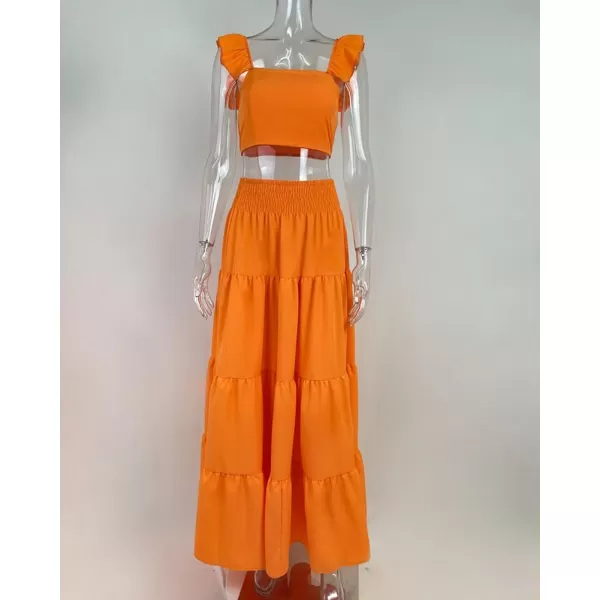 chouyatou Womens 2 Piece Outfits Spaghetti Strap Crop Top and Smocked Waist Ruffle Swing Long Skirt SetOrange