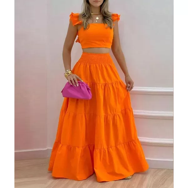 chouyatou Womens 2 Piece Outfits Spaghetti Strap Crop Top and Smocked Waist Ruffle Swing Long Skirt SetOrange