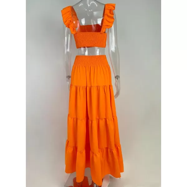 chouyatou Womens 2 Piece Outfits Spaghetti Strap Crop Top and Smocked Waist Ruffle Swing Long Skirt SetOrange