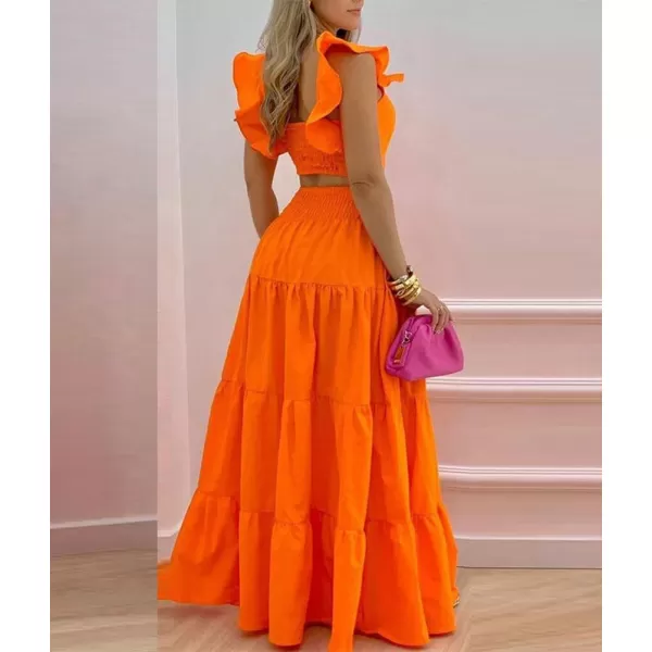 chouyatou Womens 2 Piece Outfits Spaghetti Strap Crop Top and Smocked Waist Ruffle Swing Long Skirt SetOrange