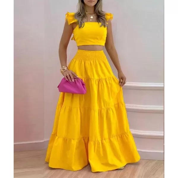 chouyatou Womens 2 Piece Outfits Spaghetti Strap Crop Top and Smocked Waist Ruffle Swing Long Skirt SetYellow