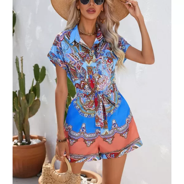 chouyatou Womens Bohemian Floral Print Rompers Button Up Short Sleeve Wide Leg Belted Hawaiian Vacation Romper ShortsBlue