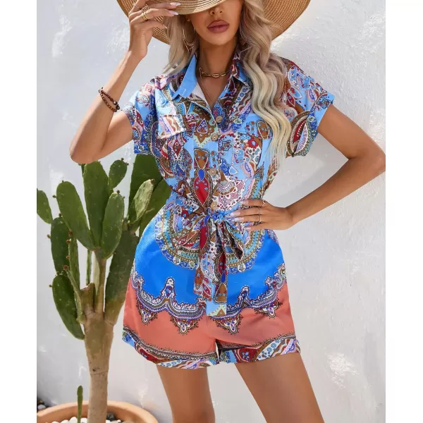 chouyatou Womens Bohemian Floral Print Rompers Button Up Short Sleeve Wide Leg Belted Hawaiian Vacation Romper ShortsBlue