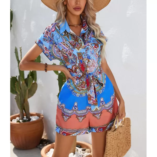 chouyatou Womens Bohemian Floral Print Rompers Button Up Short Sleeve Wide Leg Belted Hawaiian Vacation Romper ShortsBlue