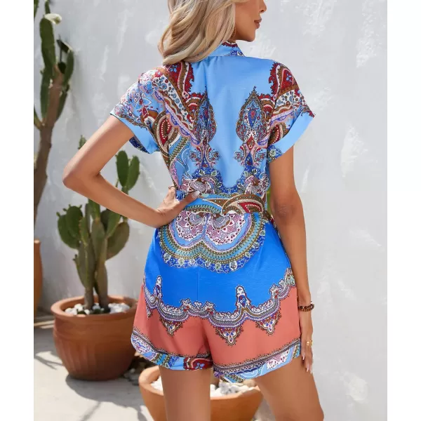 chouyatou Womens Bohemian Floral Print Rompers Button Up Short Sleeve Wide Leg Belted Hawaiian Vacation Romper ShortsBlue