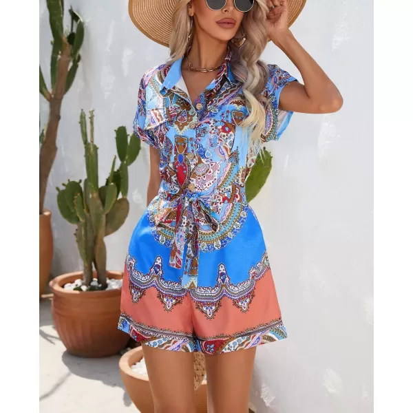 chouyatou Womens Bohemian Floral Print Rompers Button Up Short Sleeve Wide Leg Belted Hawaiian Vacation Romper ShortsBlue