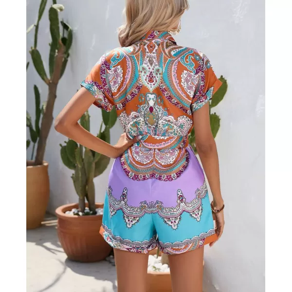 chouyatou Womens Bohemian Floral Print Rompers Button Up Short Sleeve Wide Leg Belted Hawaiian Vacation Romper ShortsCoffee