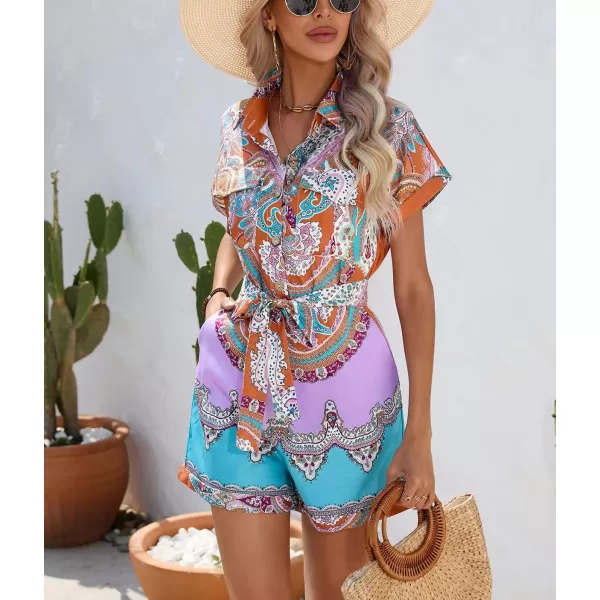 chouyatou Womens Bohemian Floral Print Rompers Button Up Short Sleeve Wide Leg Belted Hawaiian Vacation Romper ShortsCoffee