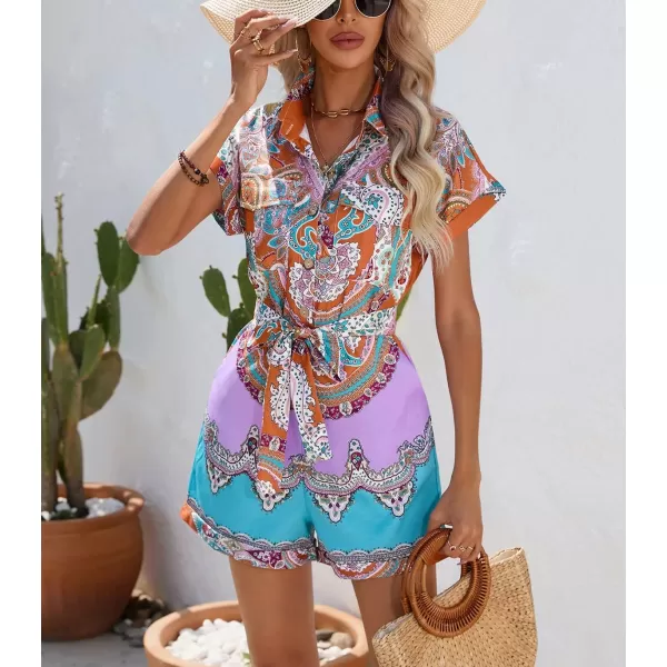 chouyatou Womens Bohemian Floral Print Rompers Button Up Short Sleeve Wide Leg Belted Hawaiian Vacation Romper ShortsCoffee