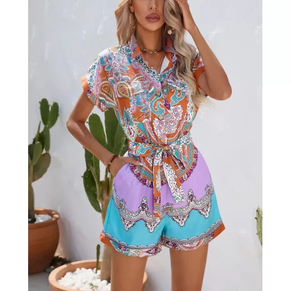 chouyatou Womens Bohemian Floral Print Rompers Button Up Short Sleeve Wide Leg Belted Hawaiian Vacation Romper ShortsCoffee