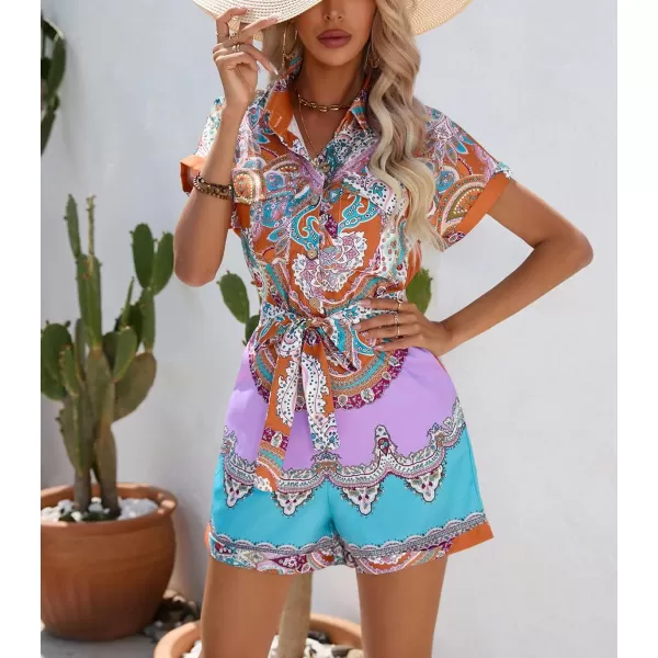 chouyatou Womens Bohemian Floral Print Rompers Button Up Short Sleeve Wide Leg Belted Hawaiian Vacation Romper ShortsCoffee