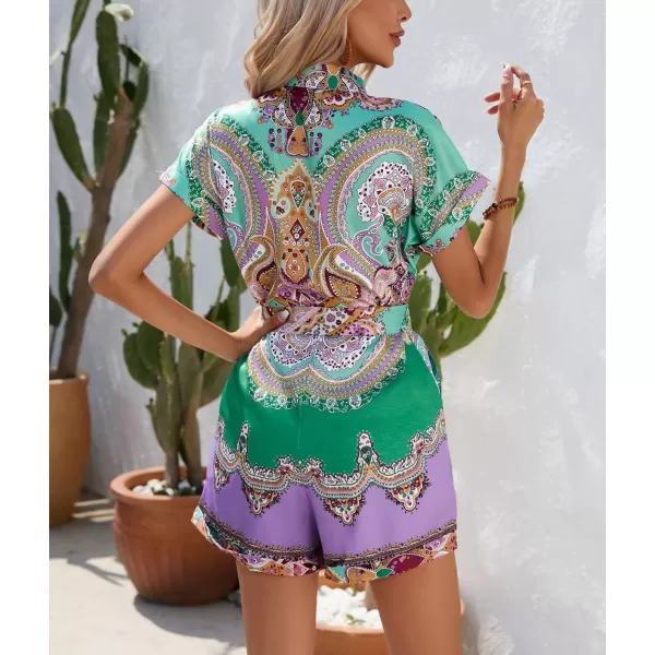 chouyatou Womens Bohemian Floral Print Rompers Button Up Short Sleeve Wide Leg Belted Hawaiian Vacation Romper ShortsGreen