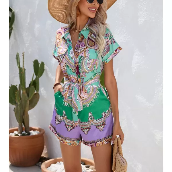 chouyatou Womens Bohemian Floral Print Rompers Button Up Short Sleeve Wide Leg Belted Hawaiian Vacation Romper ShortsGreen