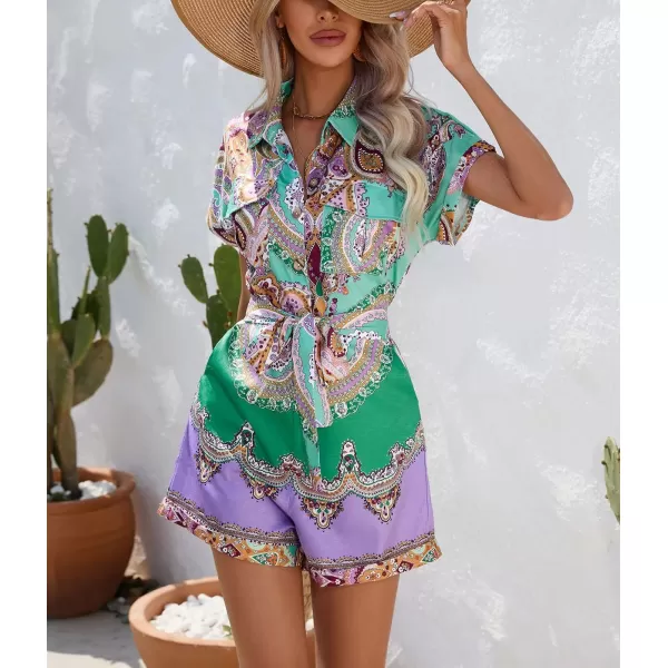 chouyatou Womens Bohemian Floral Print Rompers Button Up Short Sleeve Wide Leg Belted Hawaiian Vacation Romper ShortsGreen