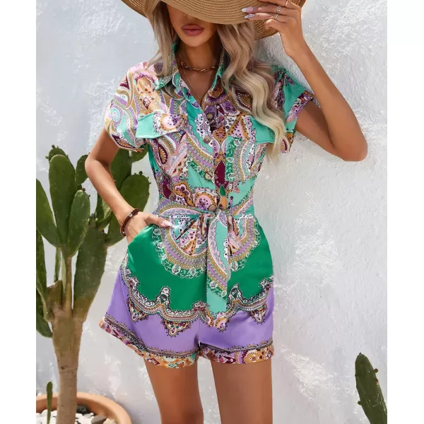 chouyatou Womens Bohemian Floral Print Rompers Button Up Short Sleeve Wide Leg Belted Hawaiian Vacation Romper ShortsGreen