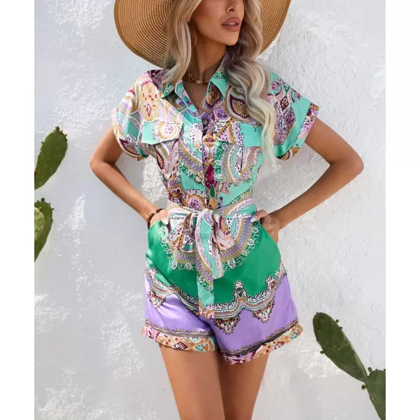 chouyatou Womens Bohemian Floral Print Rompers Button Up Short Sleeve Wide Leg Belted Hawaiian Vacation Romper ShortsGreen
