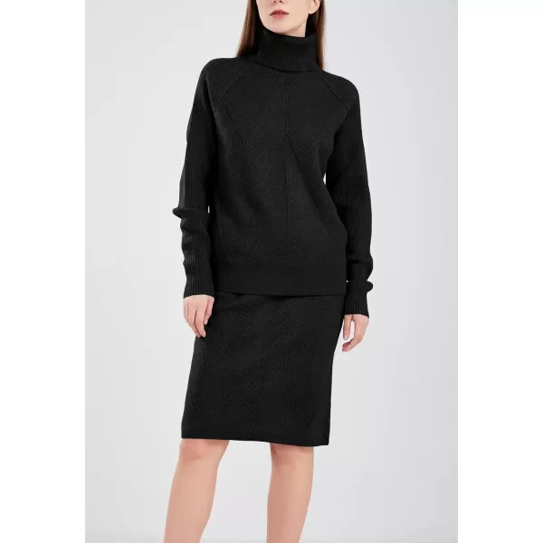 chouyatou Womens Casual 2 Piece Outfits Turtleneck Cable Knit Sweater and Bodycon Skirt SetsBlack