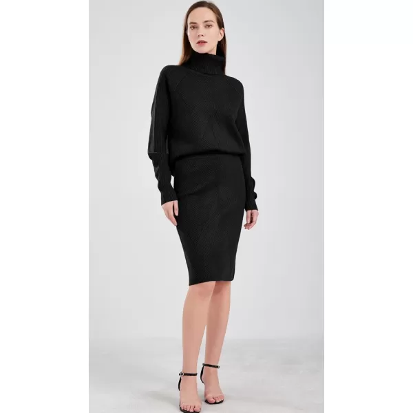 chouyatou Womens Casual 2 Piece Outfits Turtleneck Cable Knit Sweater and Bodycon Skirt SetsBlack