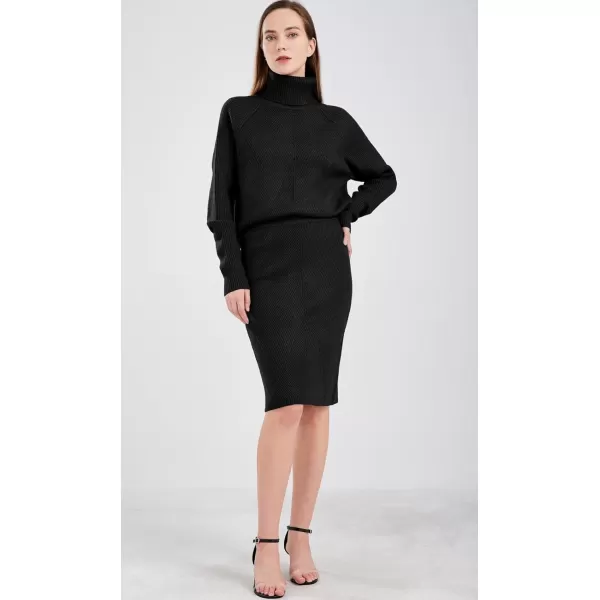 chouyatou Womens Casual 2 Piece Outfits Turtleneck Cable Knit Sweater and Bodycon Skirt SetsBlack