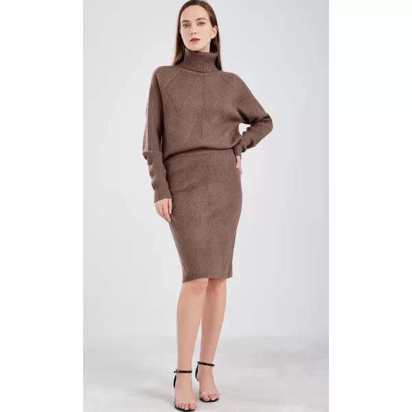chouyatou Womens Casual 2 Piece Outfits Turtleneck Cable Knit Sweater and Bodycon Skirt SetsBrown