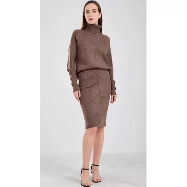 chouyatou Womens Casual 2 Piece Outfits Turtleneck Cable Knit Sweater and Bodycon Skirt SetsBrown
