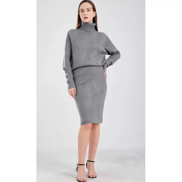 chouyatou Womens Casual 2 Piece Outfits Turtleneck Cable Knit Sweater and Bodycon Skirt SetsGrey