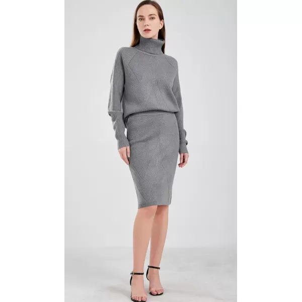 chouyatou Womens Casual 2 Piece Outfits Turtleneck Cable Knit Sweater and Bodycon Skirt SetsGrey