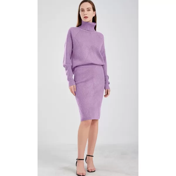 chouyatou Womens Casual 2 Piece Outfits Turtleneck Cable Knit Sweater and Bodycon Skirt SetsPurple