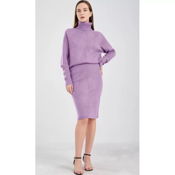 chouyatou Womens Casual 2 Piece Outfits Turtleneck Cable Knit Sweater and Bodycon Skirt SetsPurple