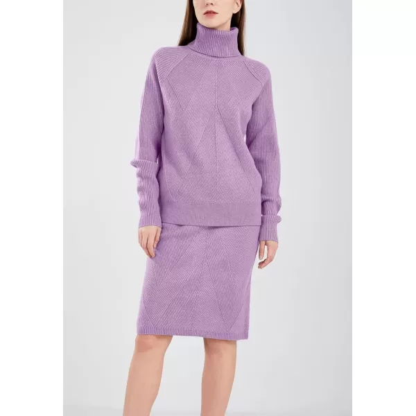 chouyatou Womens Casual 2 Piece Outfits Turtleneck Cable Knit Sweater and Bodycon Skirt SetsPurple